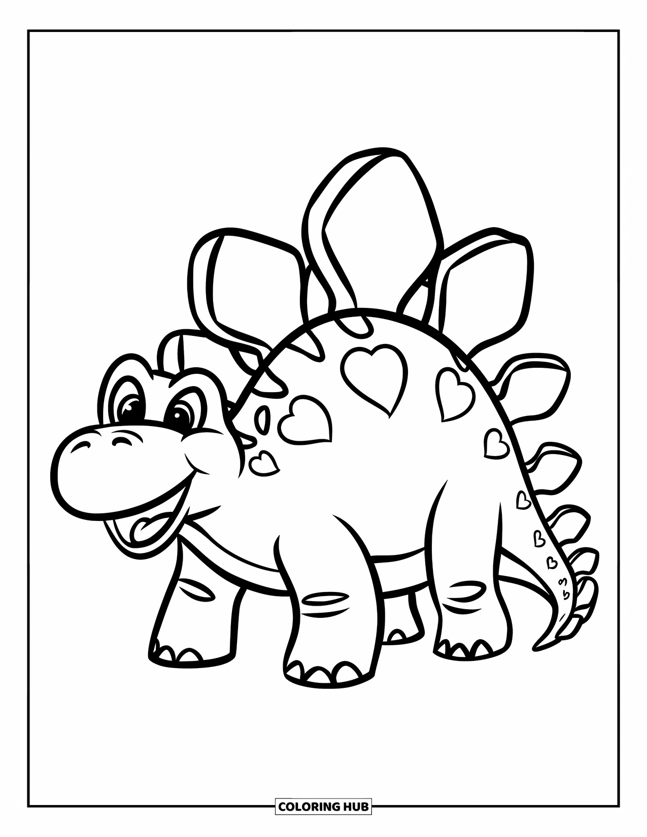 Dinosaur Valentines Coloring Page for Kids: A cheerful Stegosaurus displays heart plates with a big grin