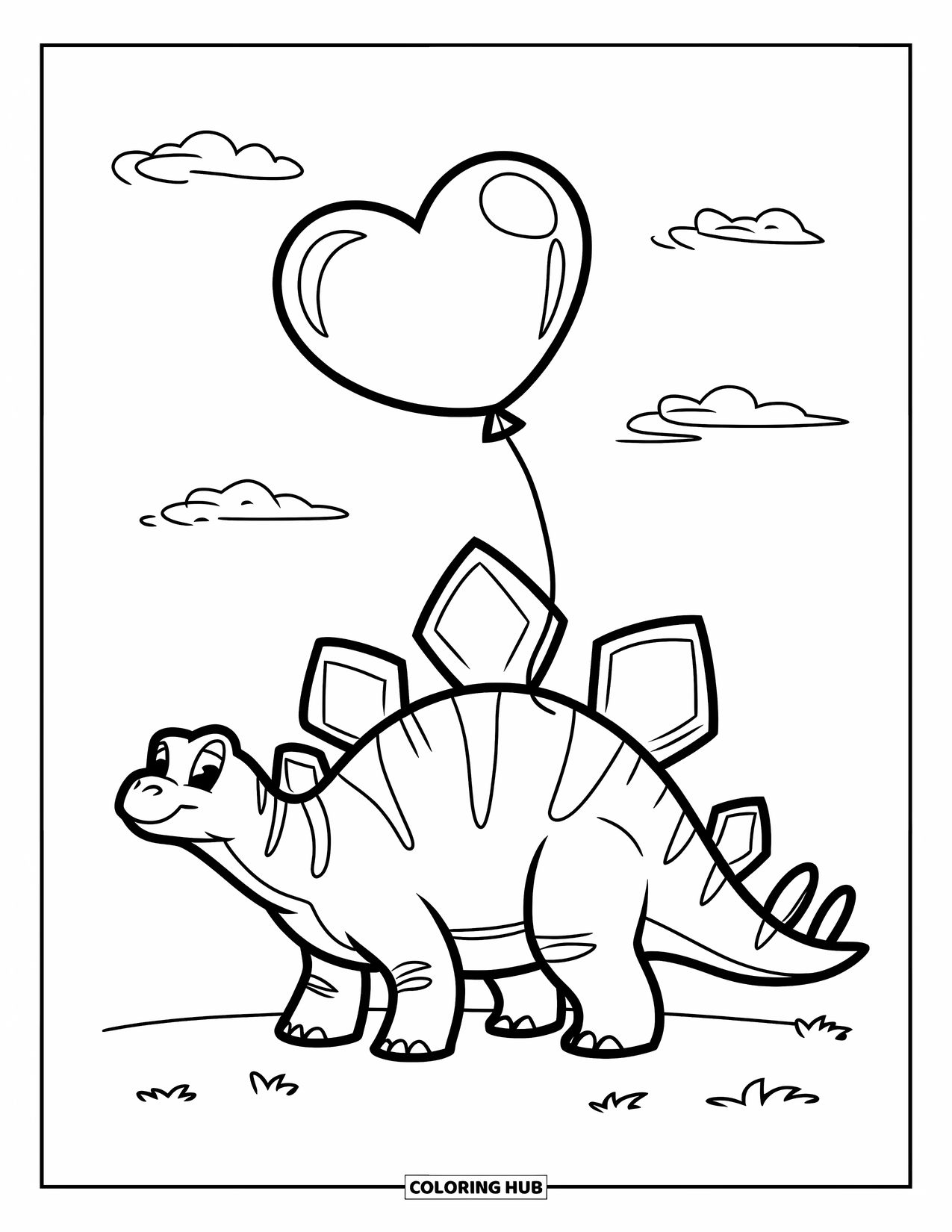 Dinosaur Valentines Coloring Page for Kids: A cheerful Stegosaurus holds a heart balloon under a sunny sky