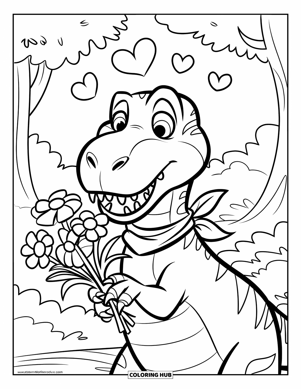 Dinosaur Valentines Coloring Page for Kids: A cheerful T-Rex holds flowers under a sky of hearts