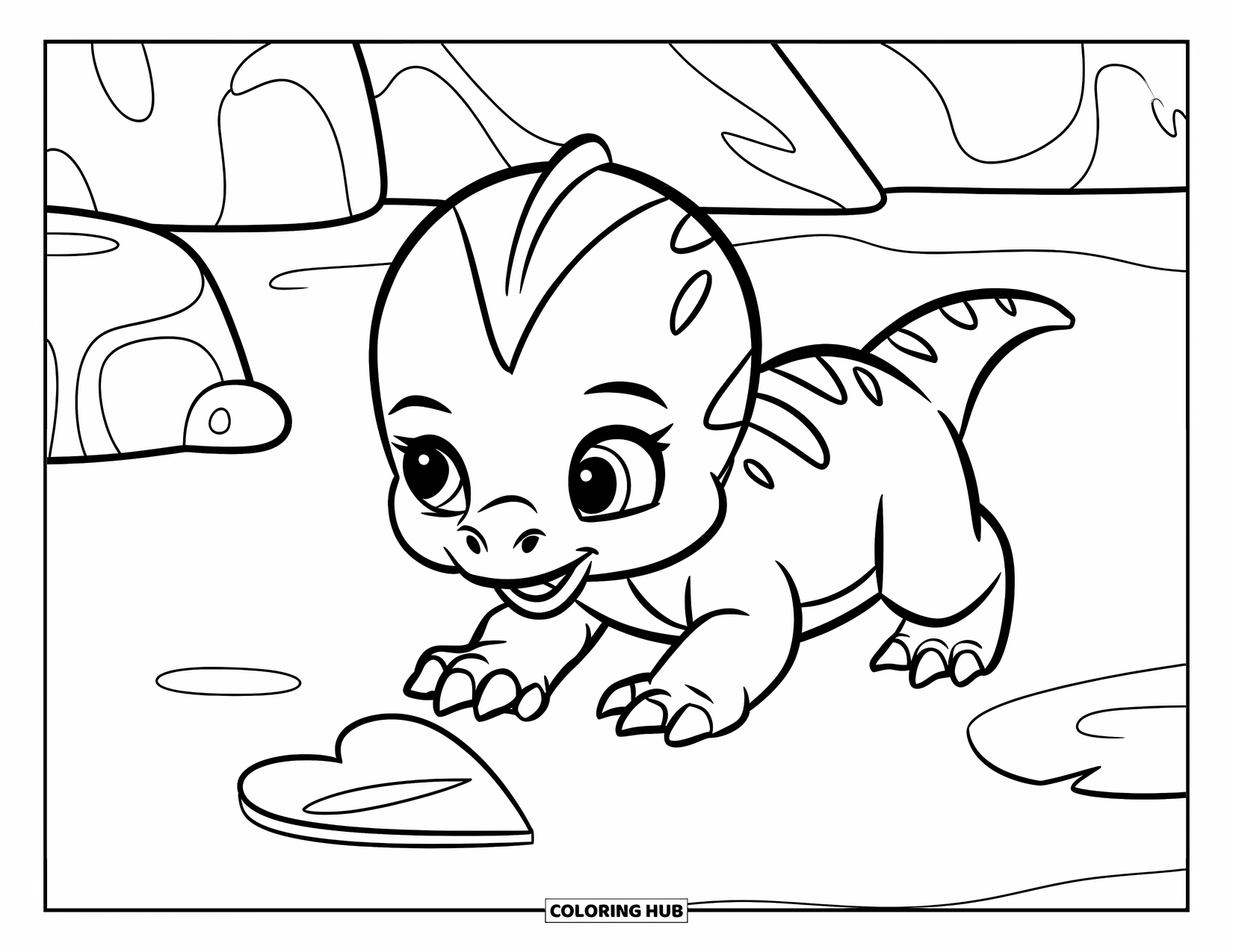 Dinosaur Valentines Coloring Page for Kids: A cute baby dino crawls to a heart toy on the ground