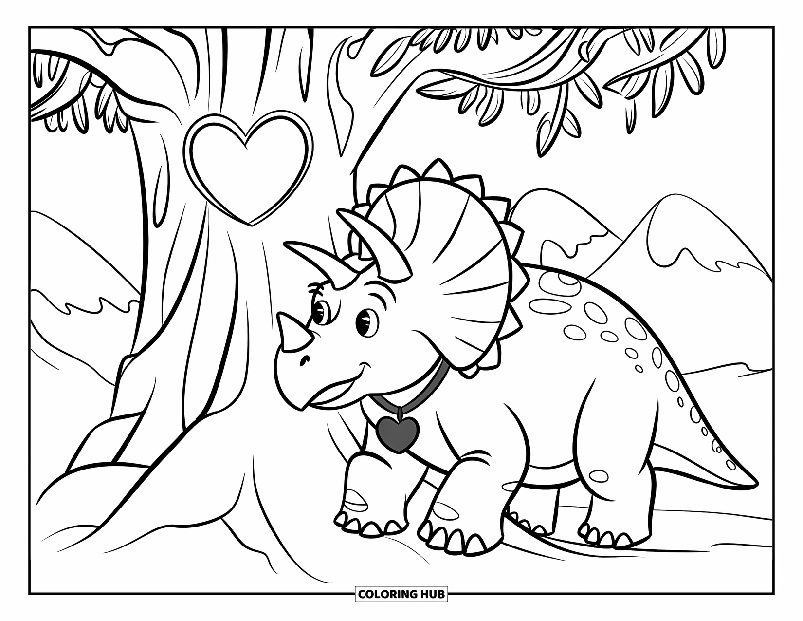 Dinosaur Valentines Coloring Page for Kids: A gentle Triceratops leans on a snowy tree with a heart carving