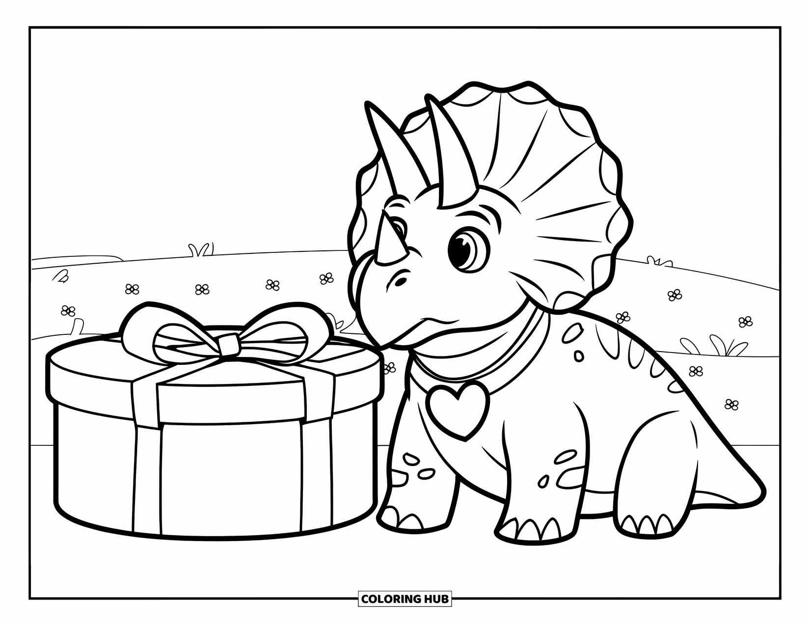 Dinosaur Valentines Coloring Page for Kids: A gentle Triceratops rests beside a Valentine gift box