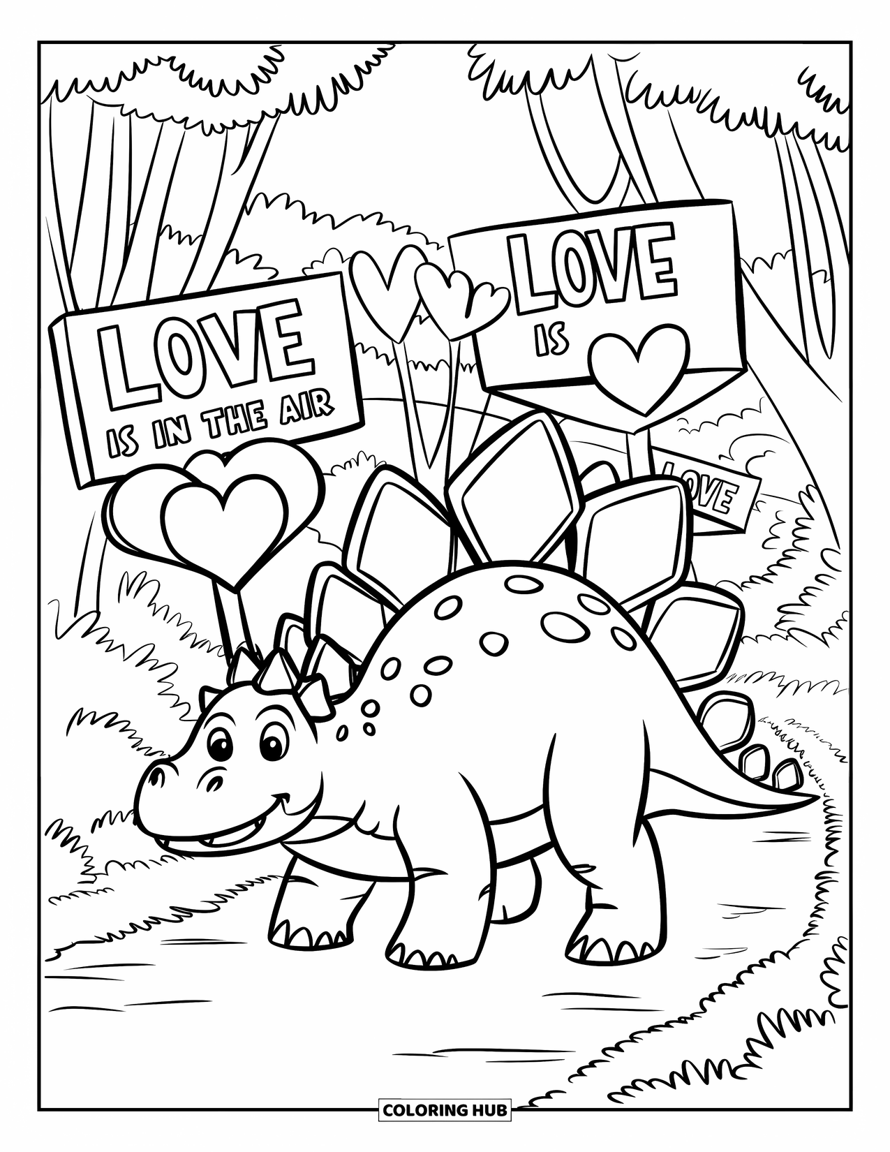 Dinosaur Valentines Coloring Page for Kids: A happy Stegosaurus walks through signs that say "Love is in the air"