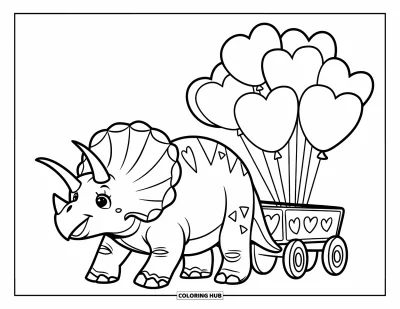 Kolorowanka walentynkowa z dinozaurem dla dzieci: Wesoły Triceratops ciągnie wózek z balonem w kształcie serca przez pole