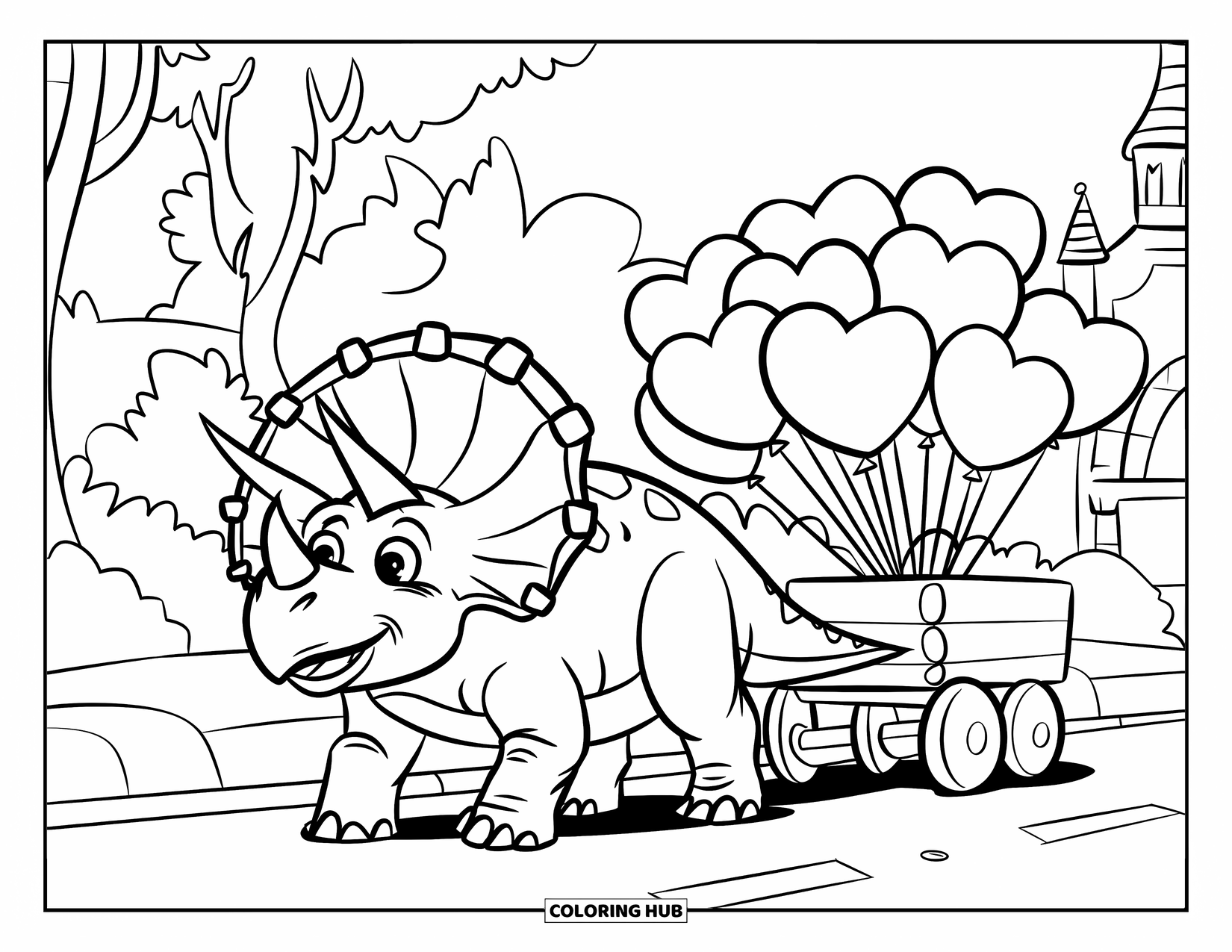 Dinosaur Valentines Coloring Page for Kids: A joyful Triceratops pushes balloons past trees and castles