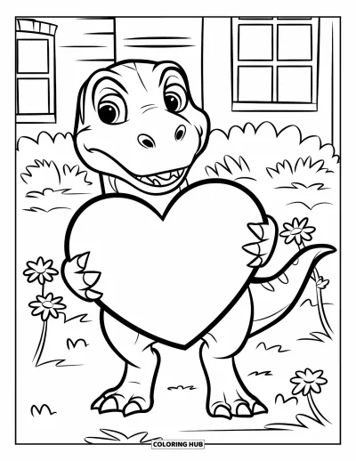Kolorowanka walentynkowa z dinozaurem dla dzieci: Mały T-Rex stoi wśród kwiatów i trzyma wielkie walentynkowe serce