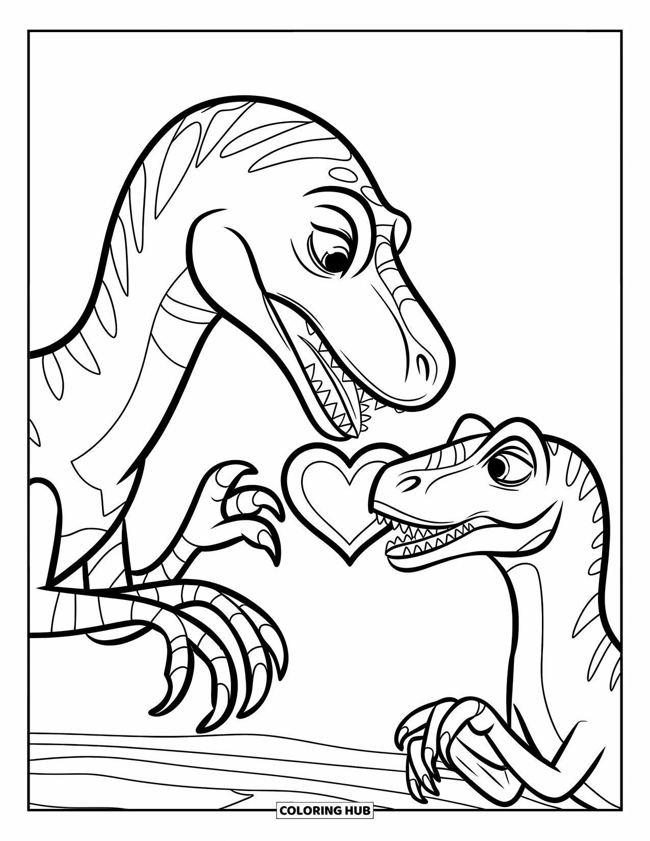 Dinosaur Valentines Coloring Page for Kids: A Raptor offers a heart to a smiling dinosaur friend
