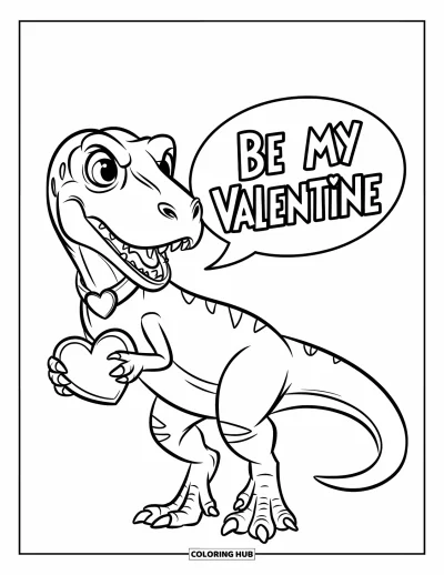 Kolorowanka walentynkowa z dinozaurem dla dzieci: Raptor oferuje naszyjnik z kamiennym sercem i mówi "Be my Valentine"