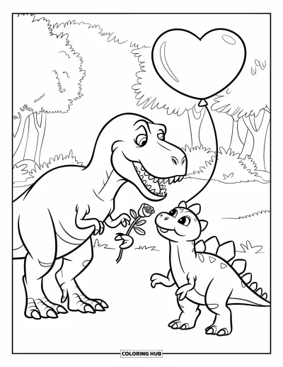 Kolorowanka walentynkowa z dinozaurem dla dzieci: Uśmiechnięty T-Rex ofiaruje różę i balon nieśmiałemu przyjacielowi