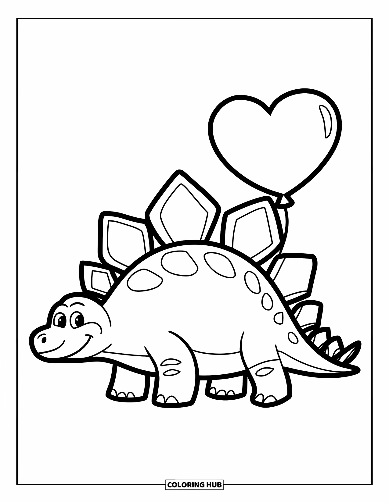 Dinosaur Valentines Coloring Page for Kids: A Stegosaurus balances a big Valentine balloon on its back
