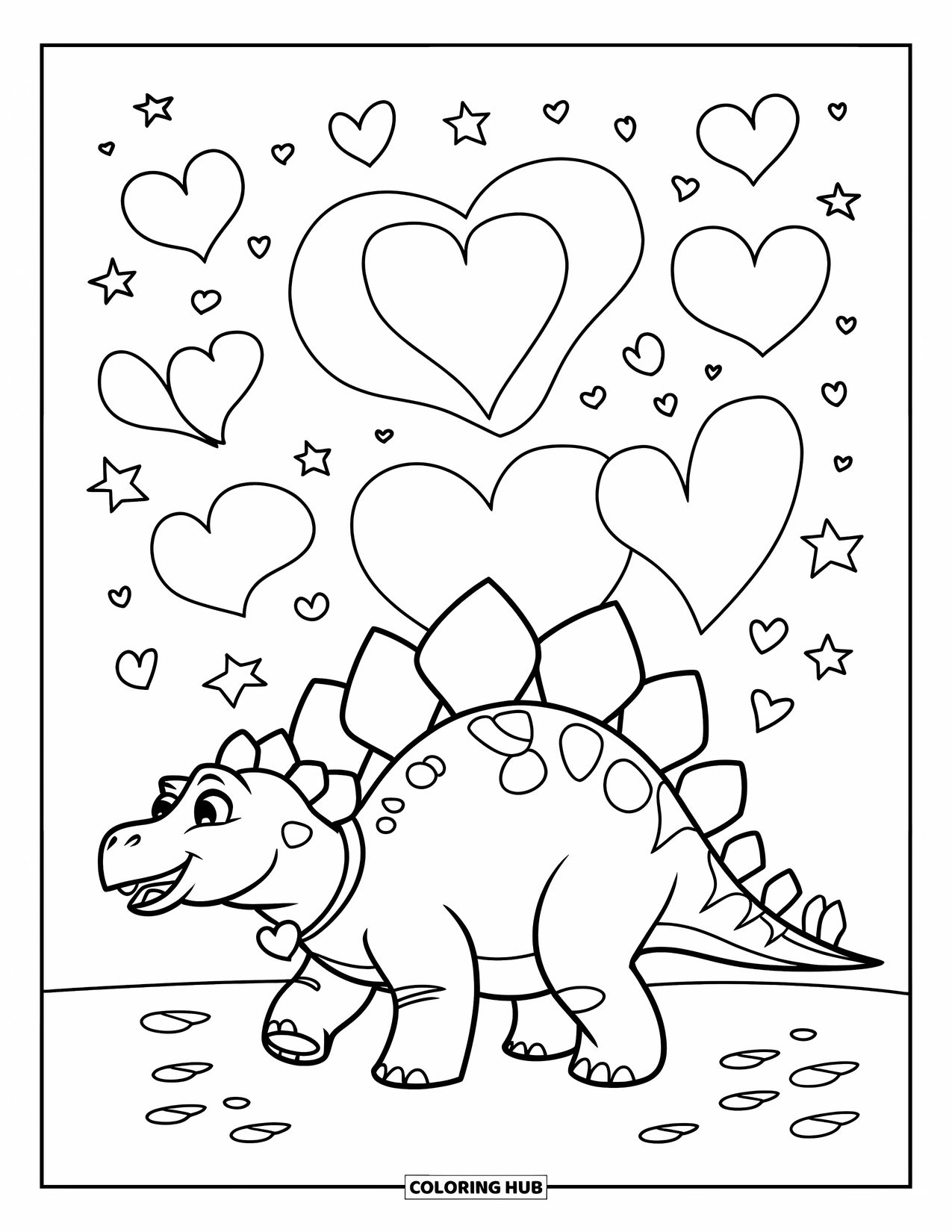 Dinosaur Valentines Coloring Page for Kids: A Stegosaurus with a heart collar walks under a sky full of hearts