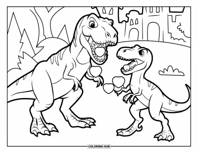 Kolorowanka walentynkowa z dinozaurem dla dzieci: T-Rex i Raptor bawią się sercowymi śnieżkami przy zamku miłości