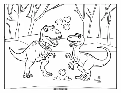 Kolorowanka walentynkowa z dinozaurem dla dzieci: T-Rex i Welocyraptor rzucają sercowymi śnieżkami w zaśnieżonym lesie
