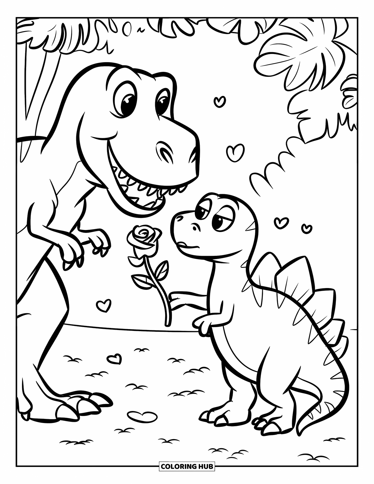 Dinosaur Valentines Coloring Page for Kids: A T-Rex gives a rose to a shy, blushing Stegosaurus