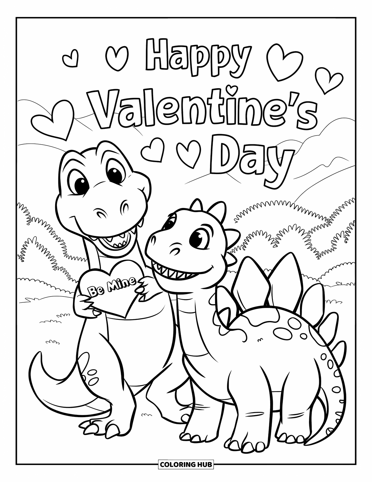 Dinosaur Valentines Coloring Page for Kids: A T-Rex gives a Valentine card to a smiling Stegosaurus