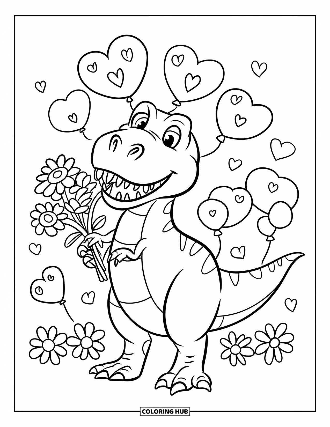 Dinosaur Valentines Coloring Page for Kids: A T-Rex grins with flowers and heart balloons all around