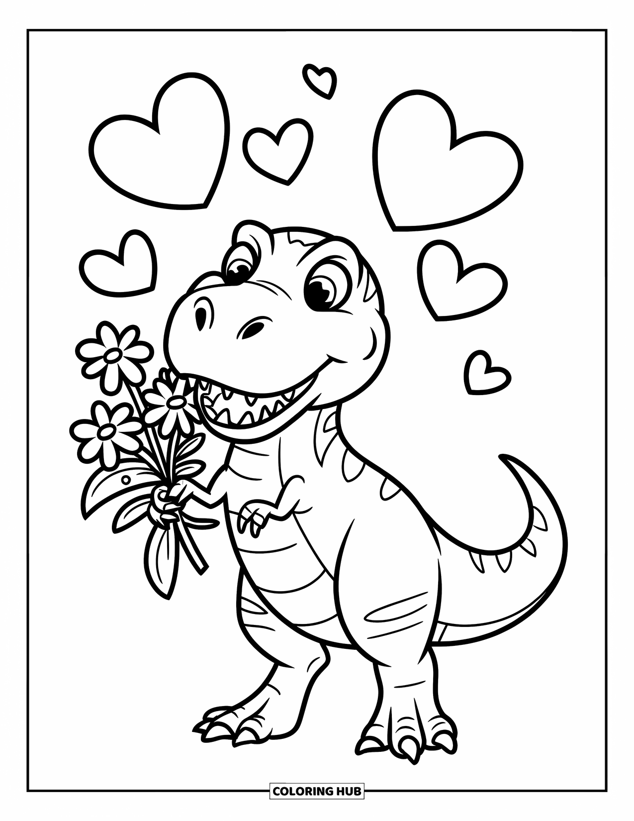 Dinosaur Valentines Coloring Page for Kids: A T-Rex holds flowers with hearts floating above its head