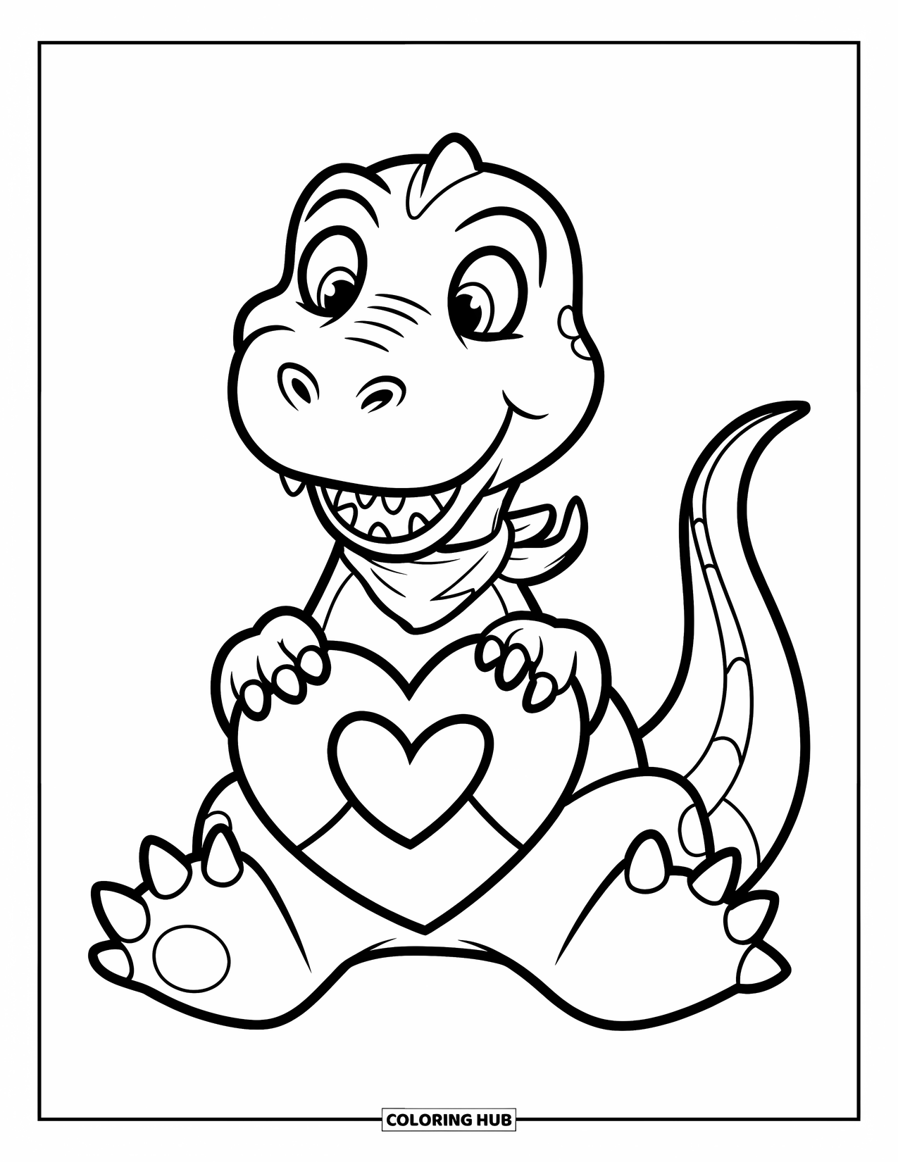 Dinosaur Valentines Coloring Page for Kids: A T-Rex in a scarf smiles while holding a Valentine envelope