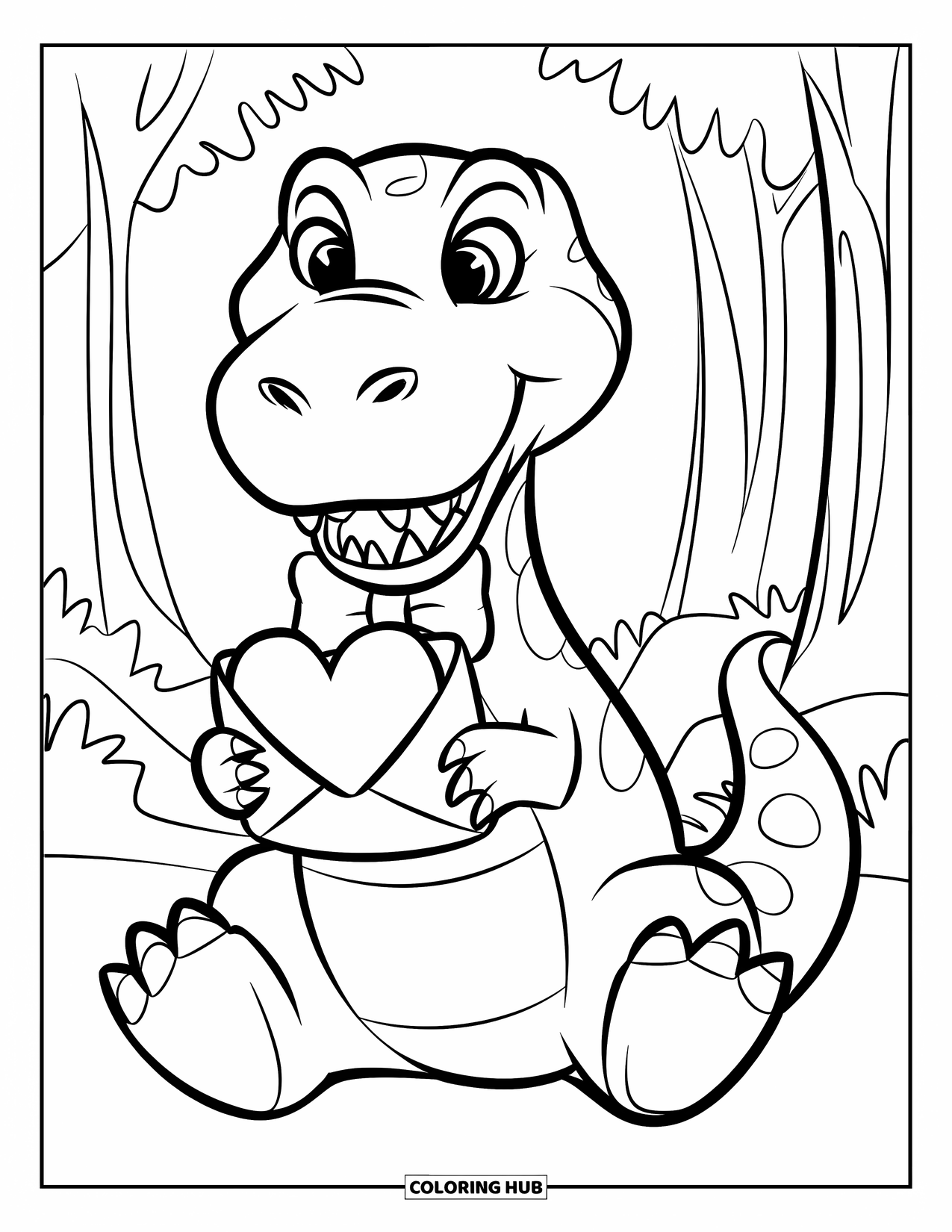 Dinosaur Valentines Coloring Page for Kids: A T-Rex with a bowtie holds a heart envelope in the forest