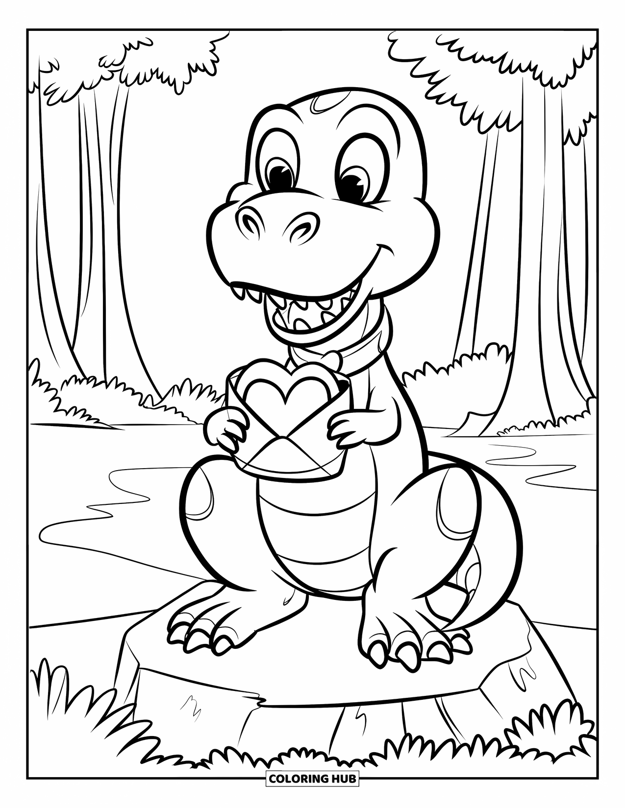 Dinosaur Valentines Coloring Page for Kids: A T-Rex with a heart collar sits and holds an envelope of love