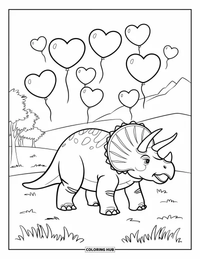 Kolorowanka walentynkowa z dinozaurem dla dzieci: Triceratops spędza dzień otoczony walentynkowymi balonami