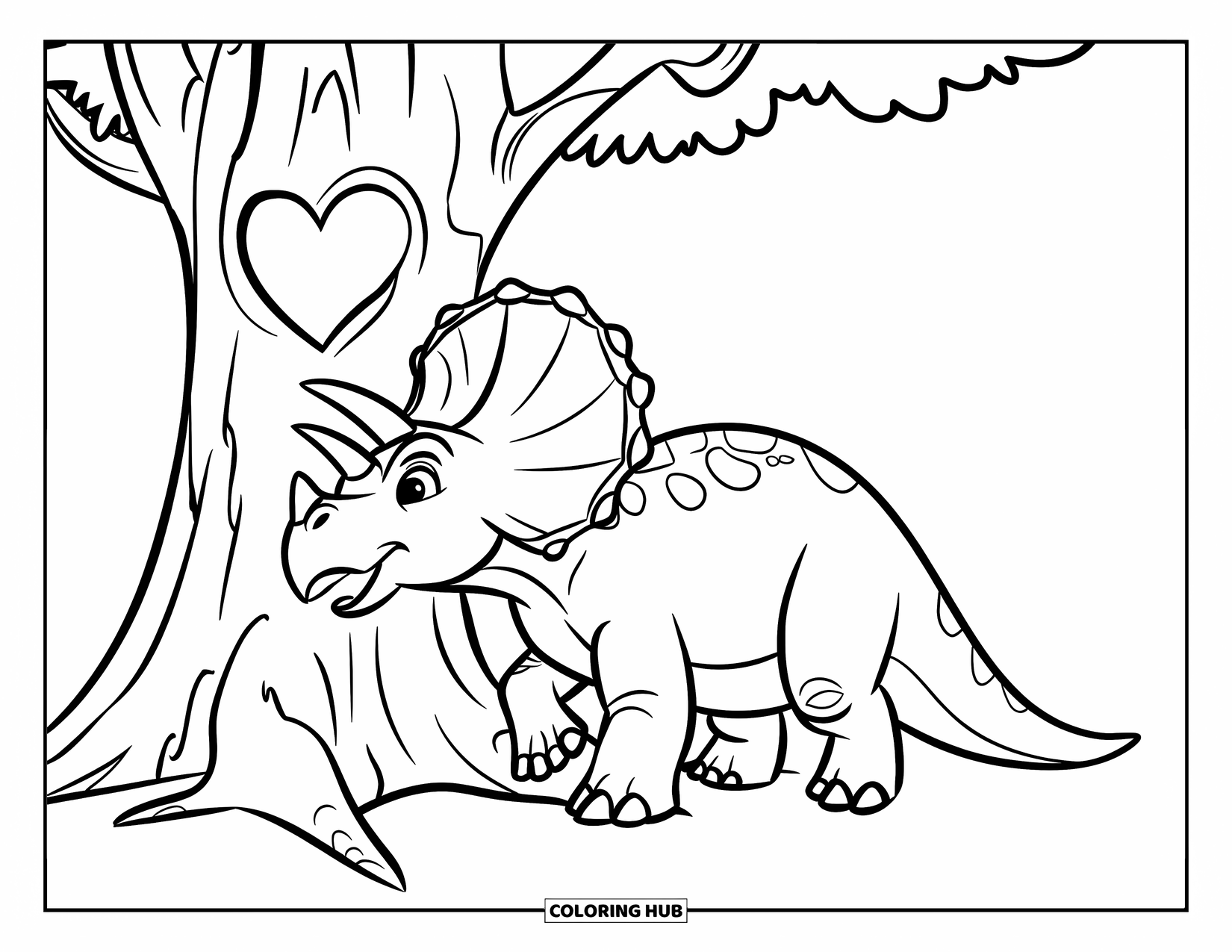 Dinosaur Valentines Coloring Page for Kids: A Triceratops leans on a tree with a carved Valentine heart