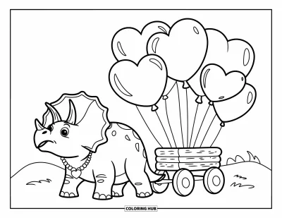 Kolorowanka walentynkowa z dinozaurem dla dzieci: Triceratops ciągnie wózek wypełniony walentynkowymi balonami