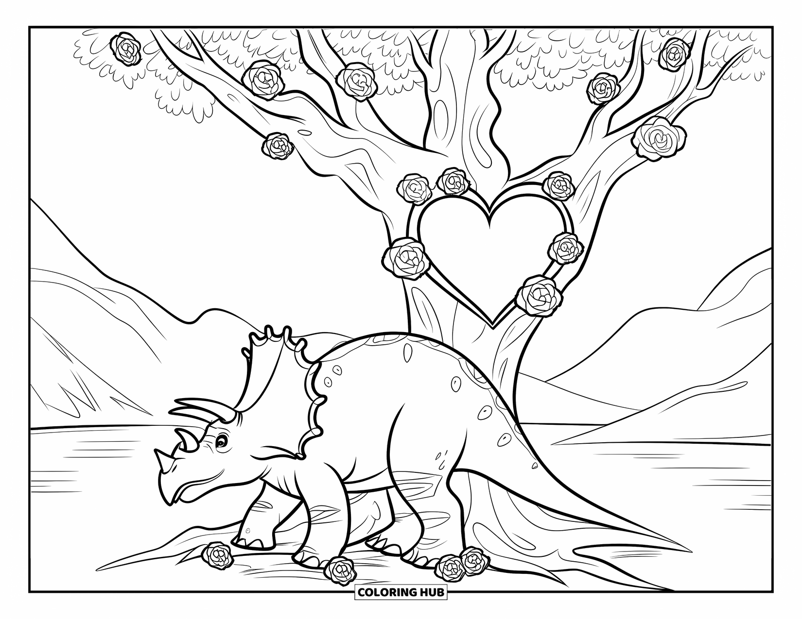 Dinosaur Valentines Coloring Page for Kids: A Triceratops rests under a tree of roses with a carved heart