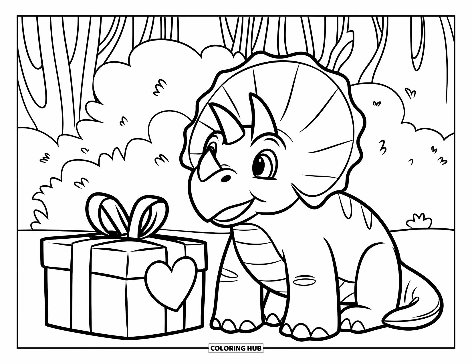 Dinosaur Valentines Coloring Page for Kids: A Triceratops sits beside a wrapped Valentine gift