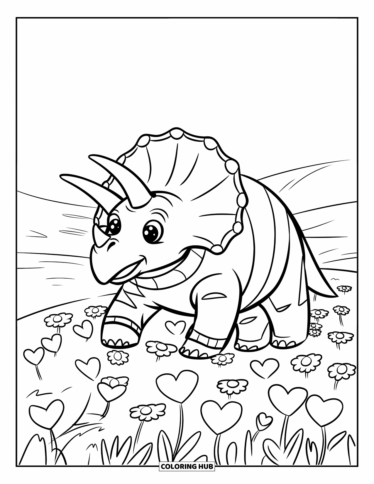 Dinosaur Valentines Coloring Page for Kids: A Triceratops wearing a sweater walks among heart-shaped blooms