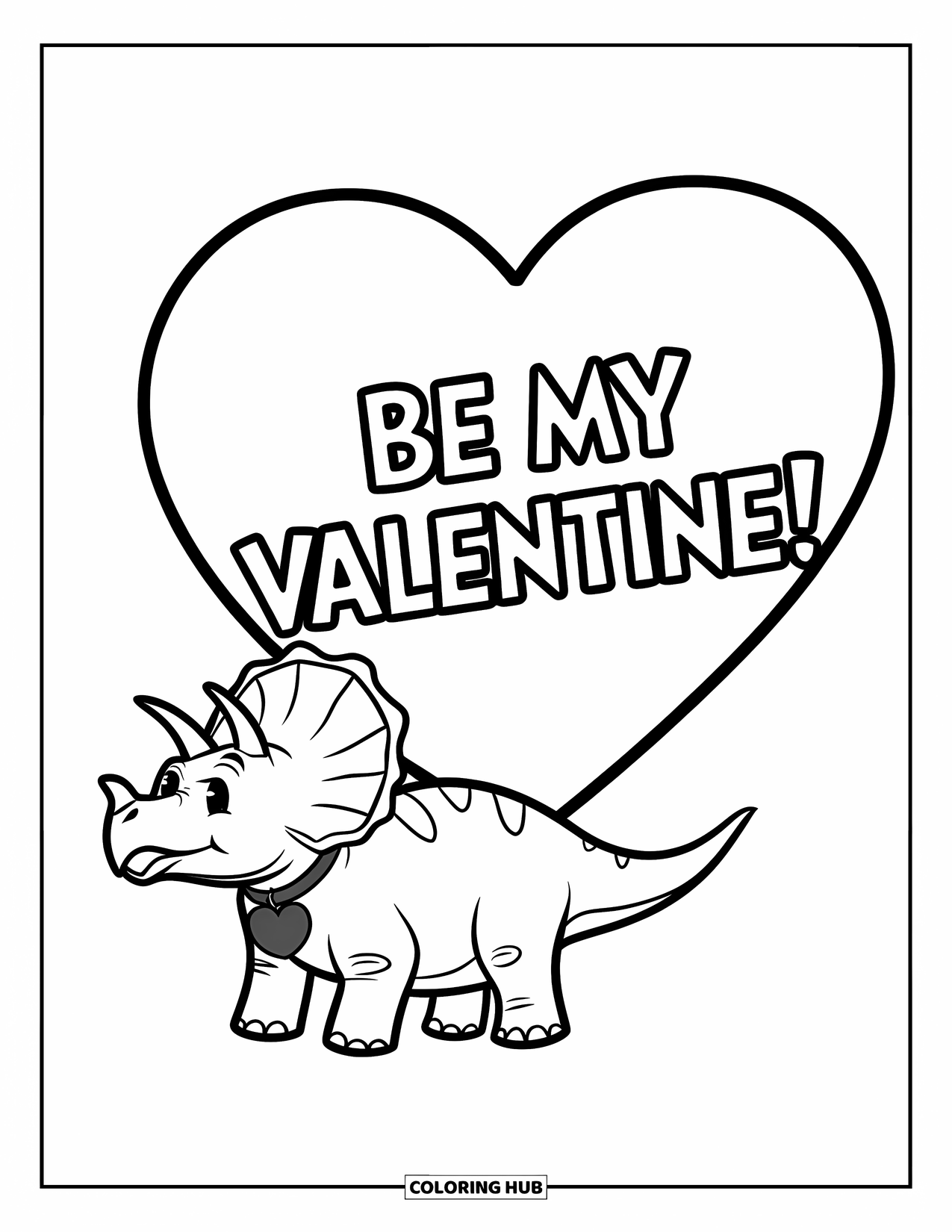 Dinosaur Valentines Coloring Page for Kids: A Triceratops wears a necklace beside a "Be My Valentine" card