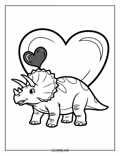 Kolorowanka walentynkowa z dinozaurem dla dzieci: Triceratops z sercem na rogu stoi obok kartki z napisem "Be Mine"