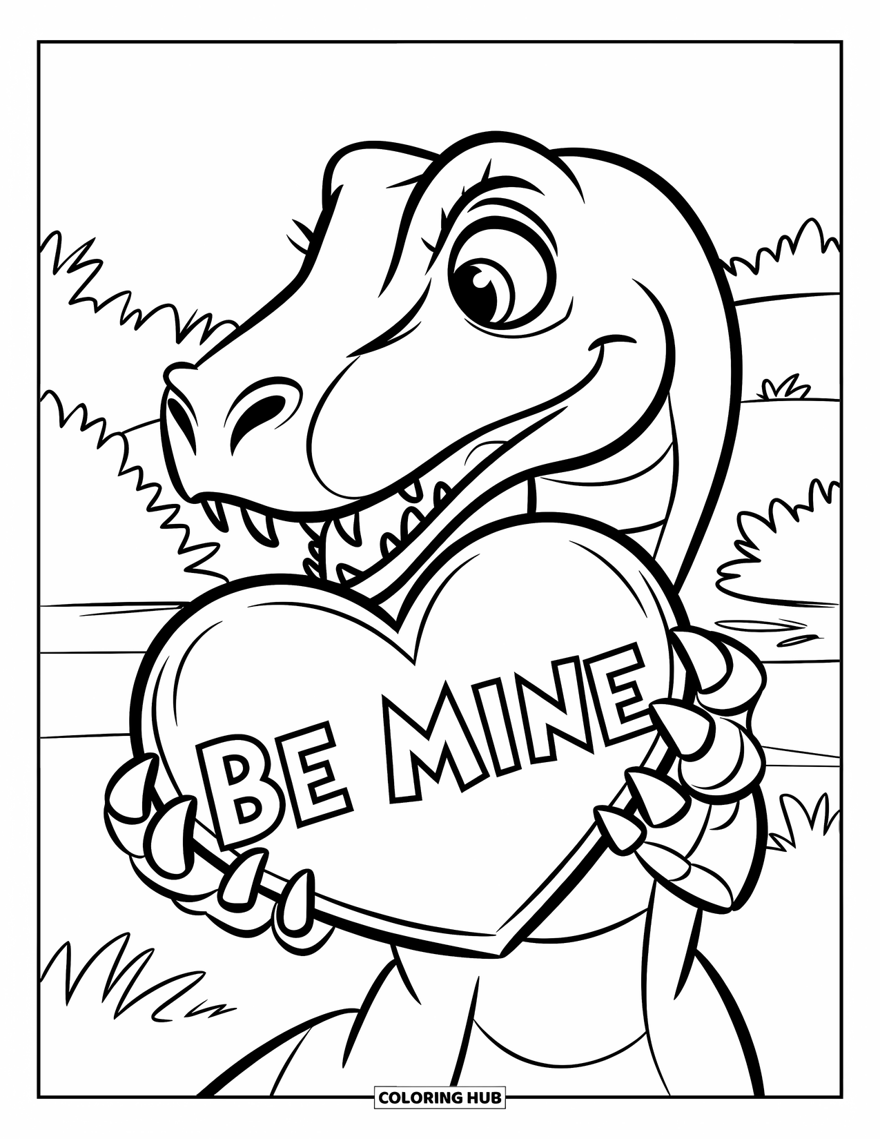 Dinosaur Valentines Coloring Page for Kids: A Velociraptor holds a rock heart saying "Be Mine"