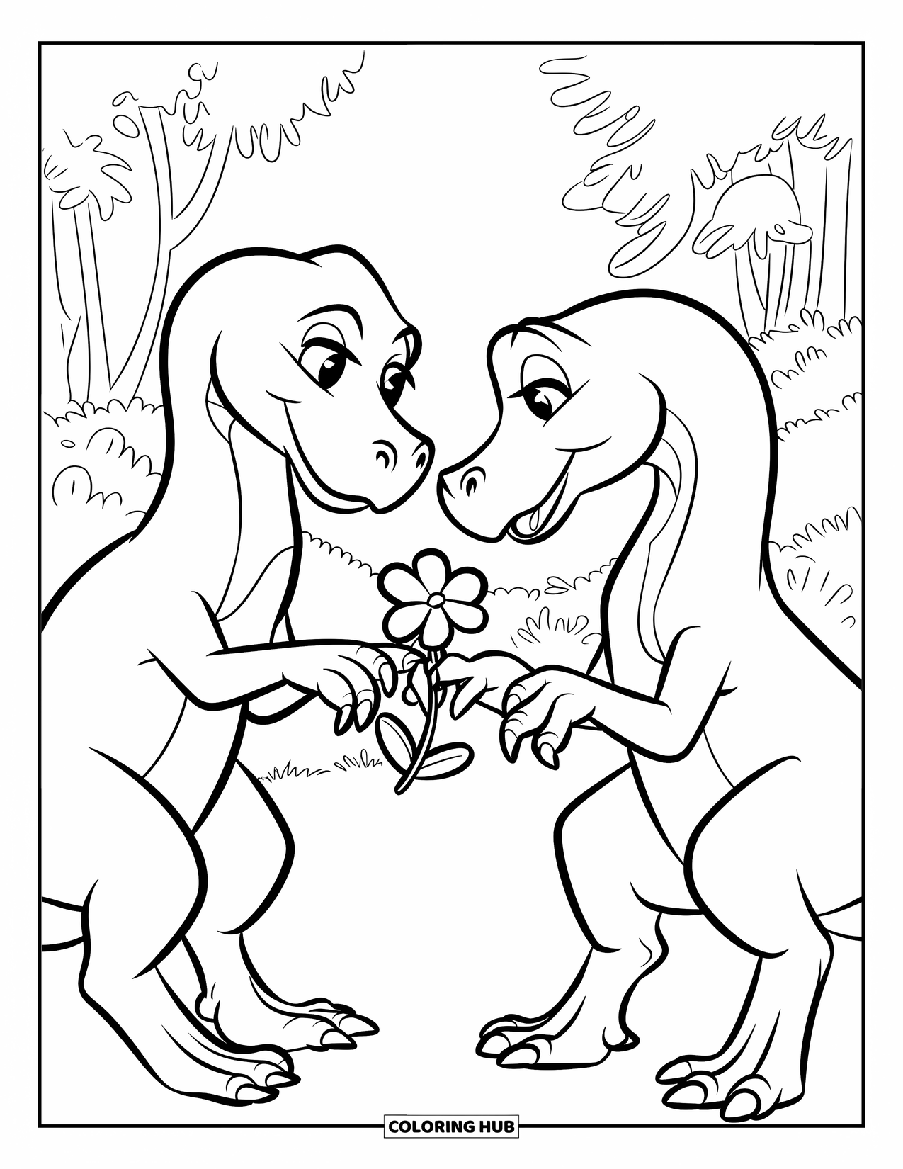 Dinosaur Valentines Coloring Page for Kids: Dinosaurs share a heart flower in a forest full of Valentine charm