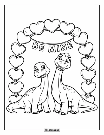 Kolorowanka walentynkowa z dinozaurem dla dzieci: Dinozaury stoją pod łukiem z balonów z napisem "Be Mine"