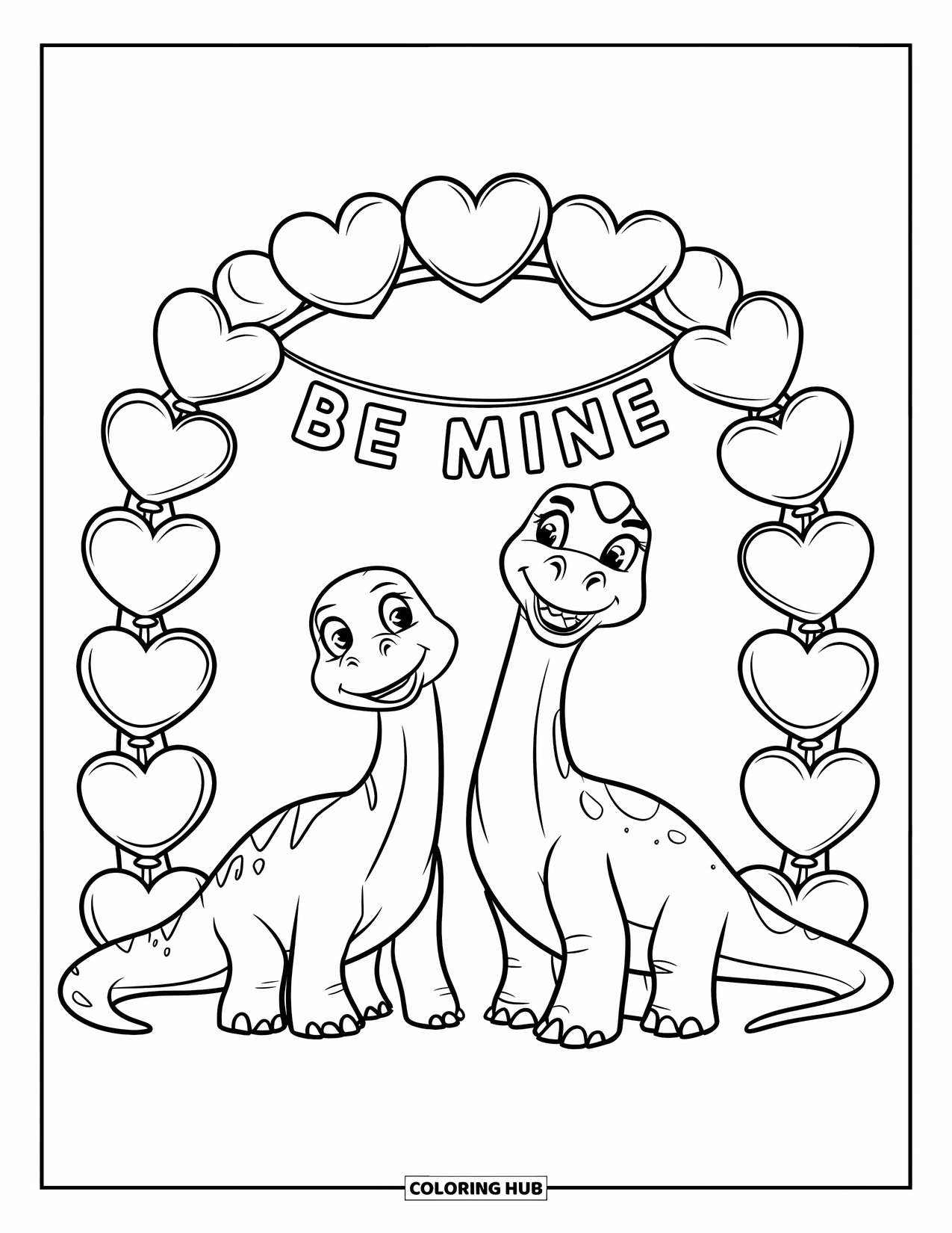 Dinosaur Valentines Coloring Page for Kids: Dinosaurs stand under a "Be Mine" balloon arch of hearts