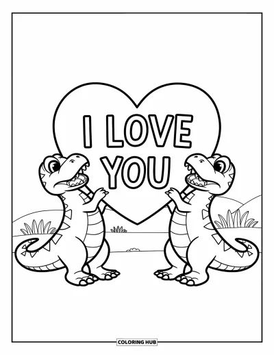 Kolorowanka walentynkowa z dinozaurem dla dzieci: Dwa dinozaury trzymają razem serce z napisem "I love you"
