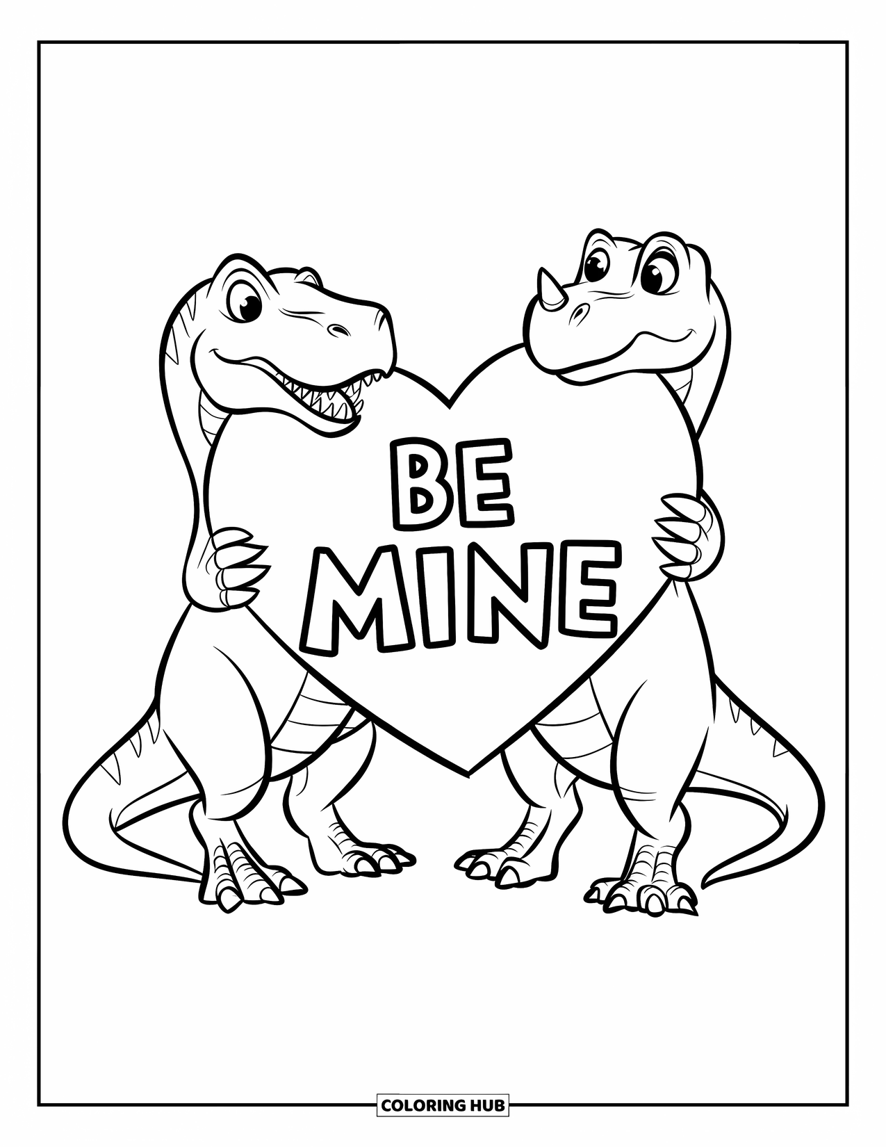 Dinosaur Valentines Coloring Page for Kids: Two dinosaurs hold a giant Valentine heart that says "Be Mine"