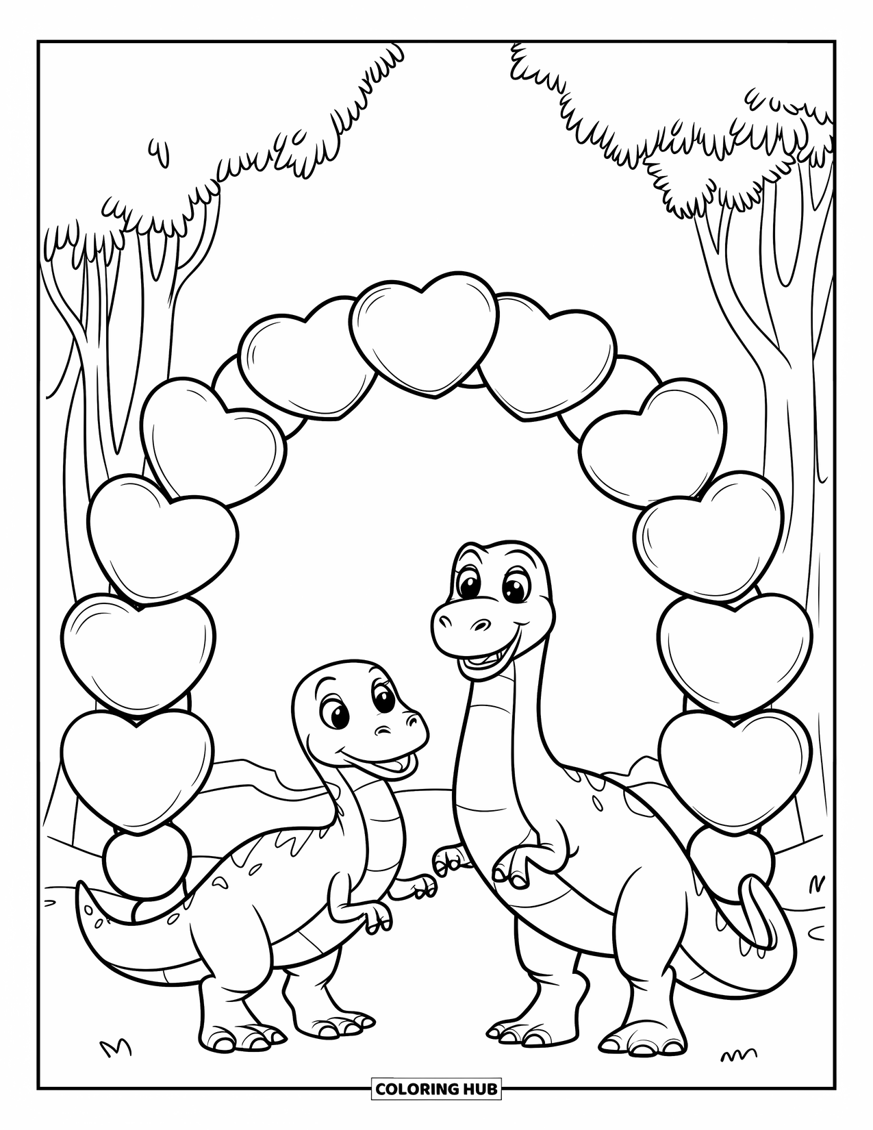 Dinosaur Valentines Coloring Page for Kids: Two dinosaurs stand beneath a Valentine arch made of heart balloons