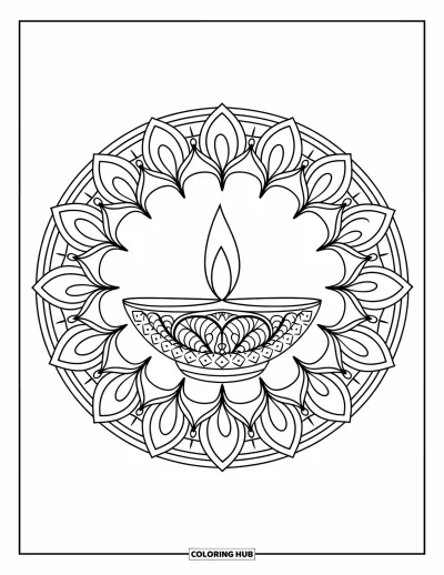 Diwali kifestő felnőtteknek: Egy kerek virágos mandala egy középső diyából sugárzik ki