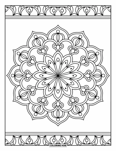 Diwali kifestő felnőtteknek: Koncentrikus virágos rangoli dekoratív keretszegéllyel