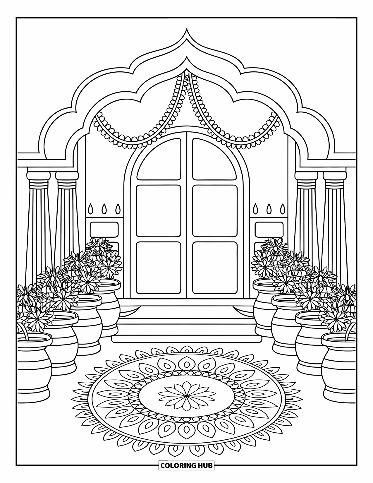Diwali Coloring Page for Adults: A decorated doorway with rangoli and lamps welcomes festive joy