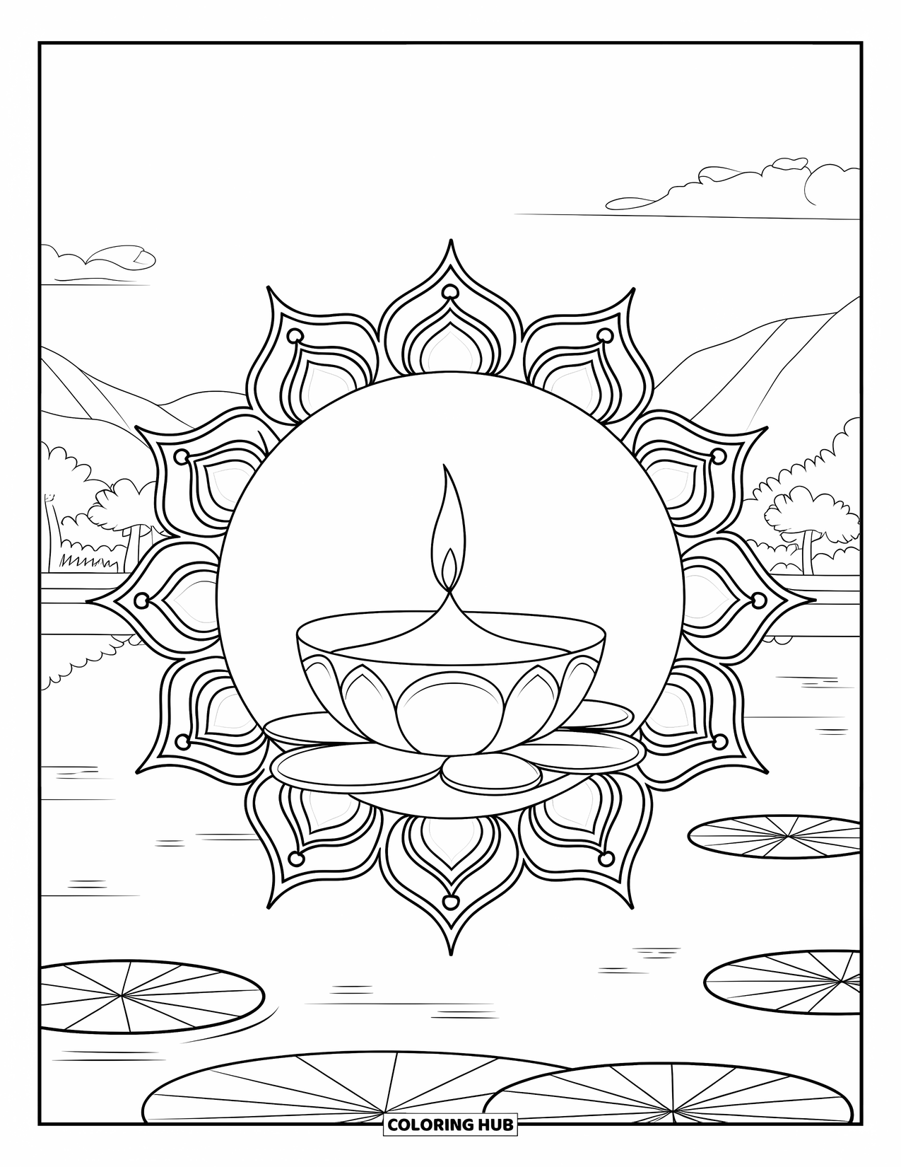 Diwali Coloring Page for Adults: A diya floats on water surrounded by lotus-shaped mandala ripples