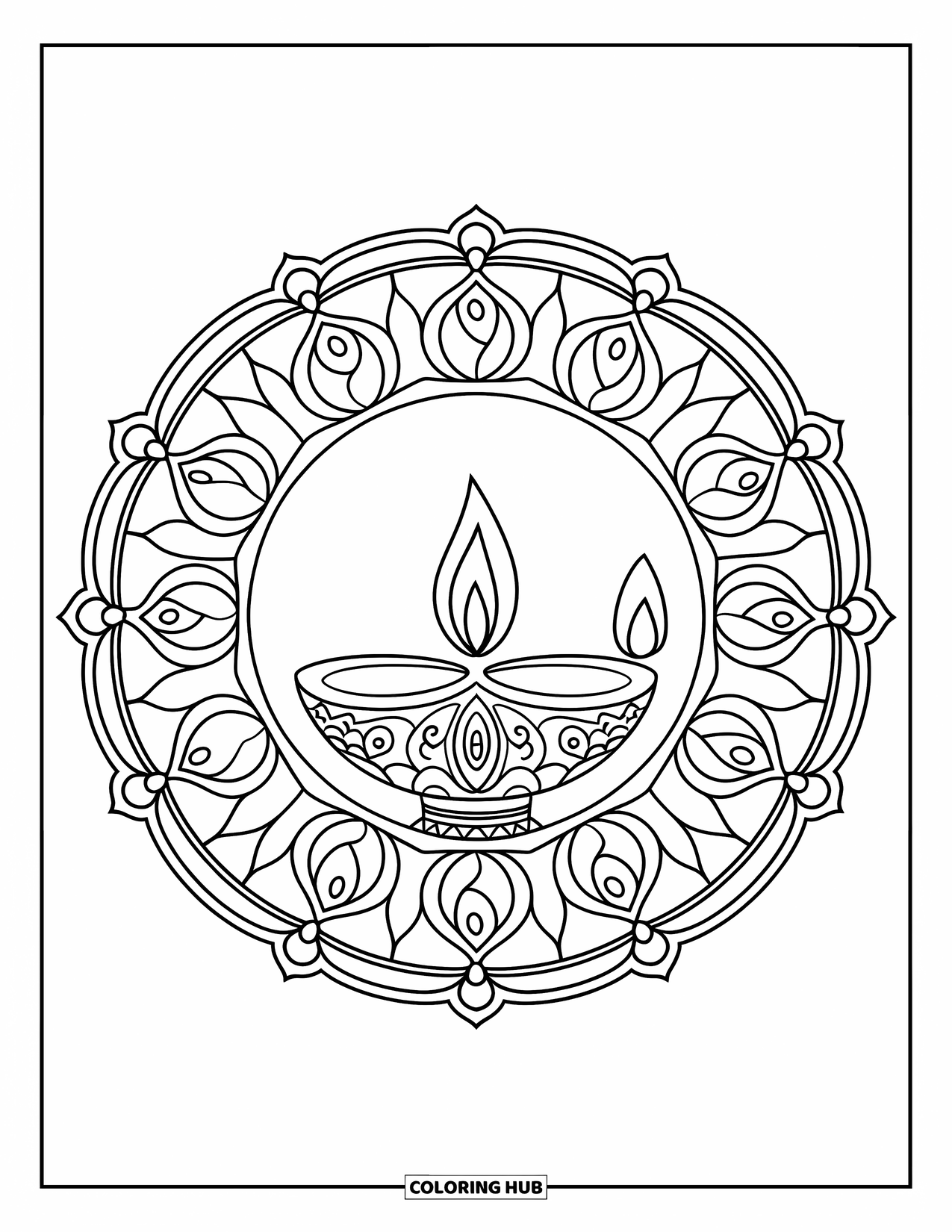 Diwali Coloring Page for Adults: A diya lamp glows at the center of a floral mandala circle