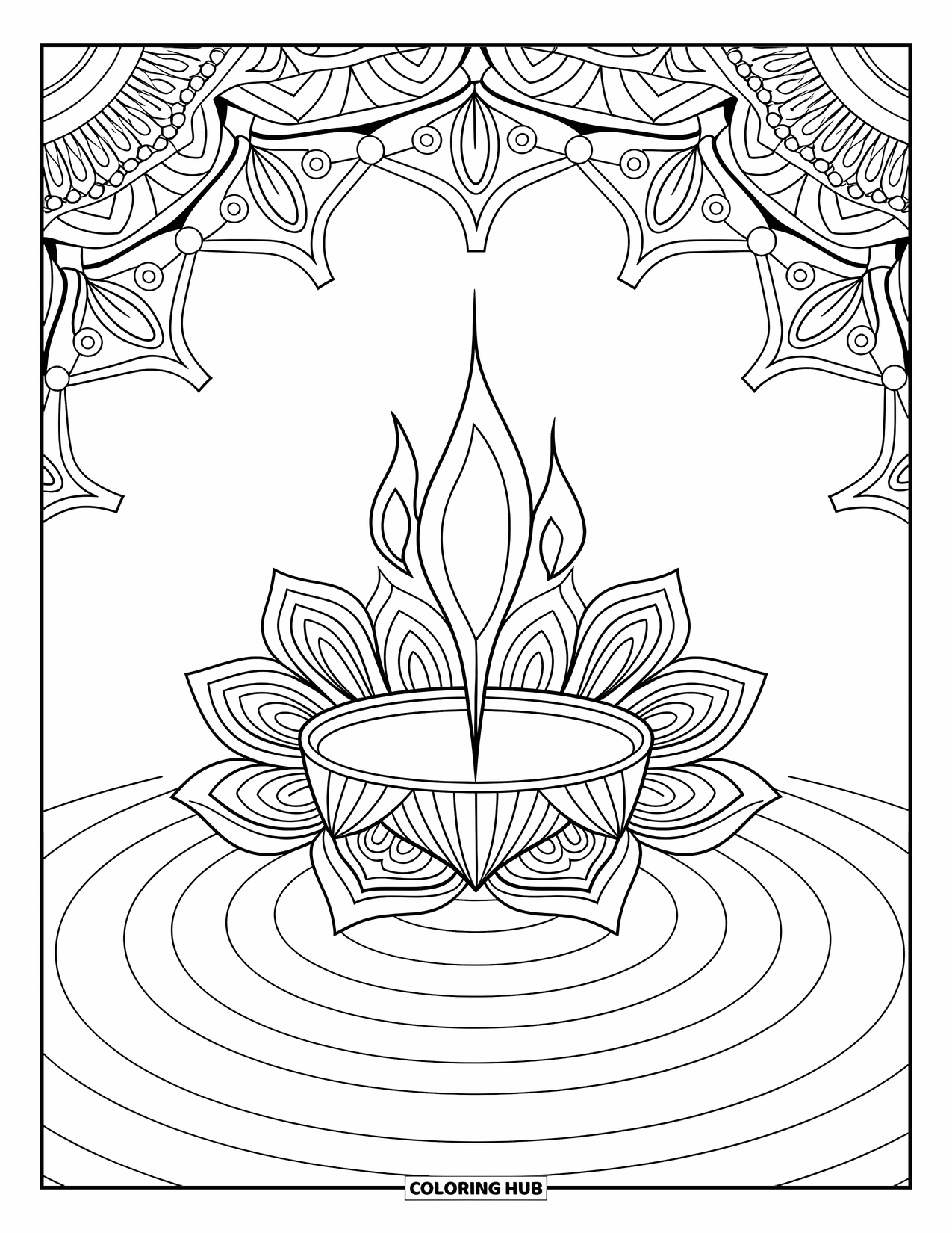 Diwali Coloring Page for Adults: A floating diya glows amid mandala ripples and lotus designs