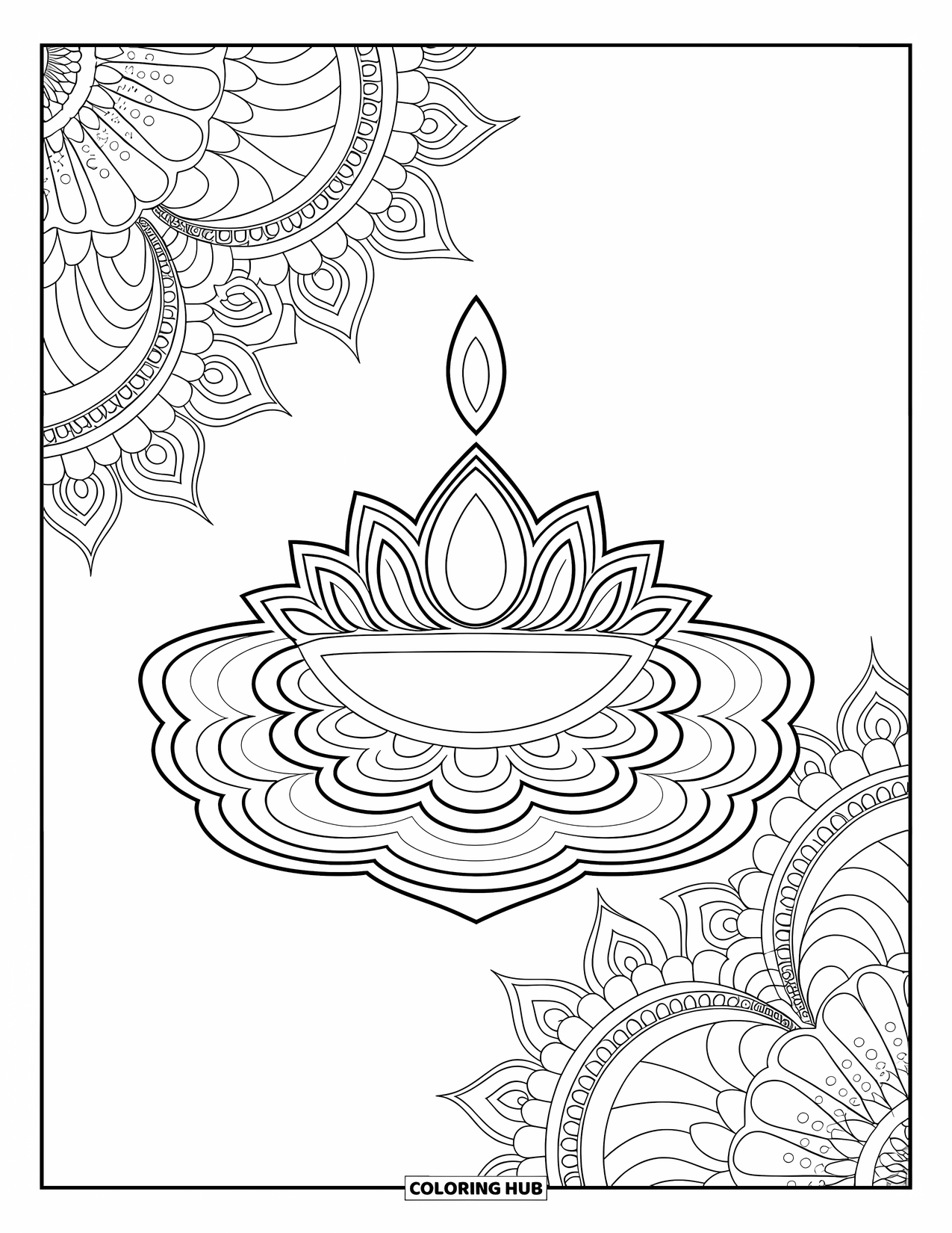 Diwali Coloring Page for Adults: A floating diya shines in a circular mandala of abstract petals