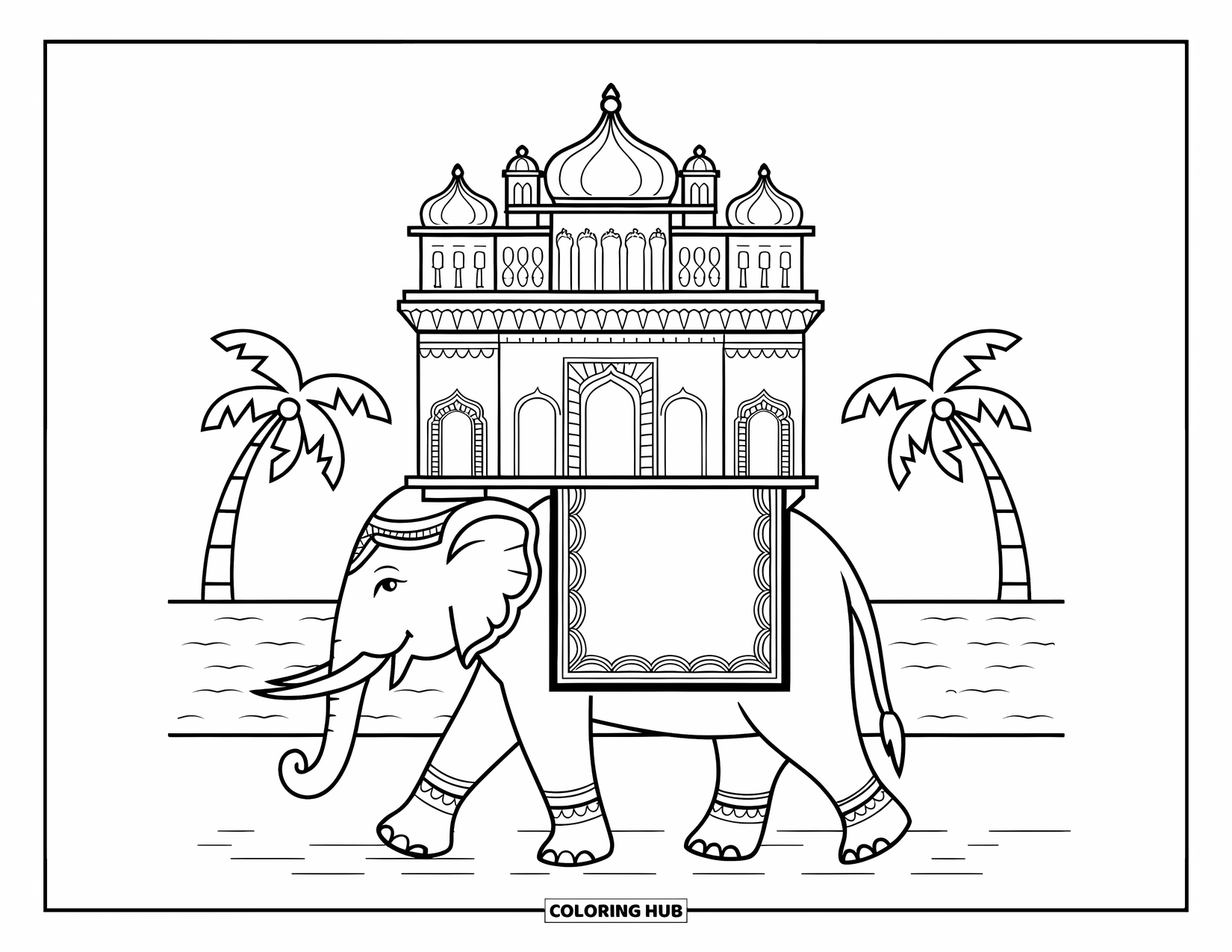Diwali Coloring Page for Adults: A grand elephant carries a multi-story palace in a tropical scene