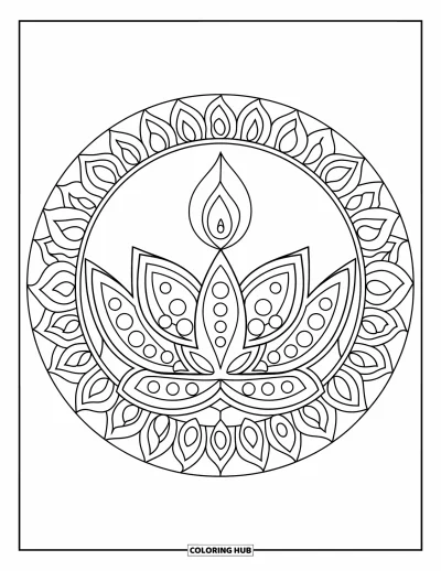 Diwali kifestő felnőtteknek: Egy lótusz mandala egy izzó középső diyából terjed kifelé