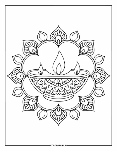 Diwali kifestő felnőtteknek: Egy mandala szirmokkal és egy diya lámpa a középpontjában