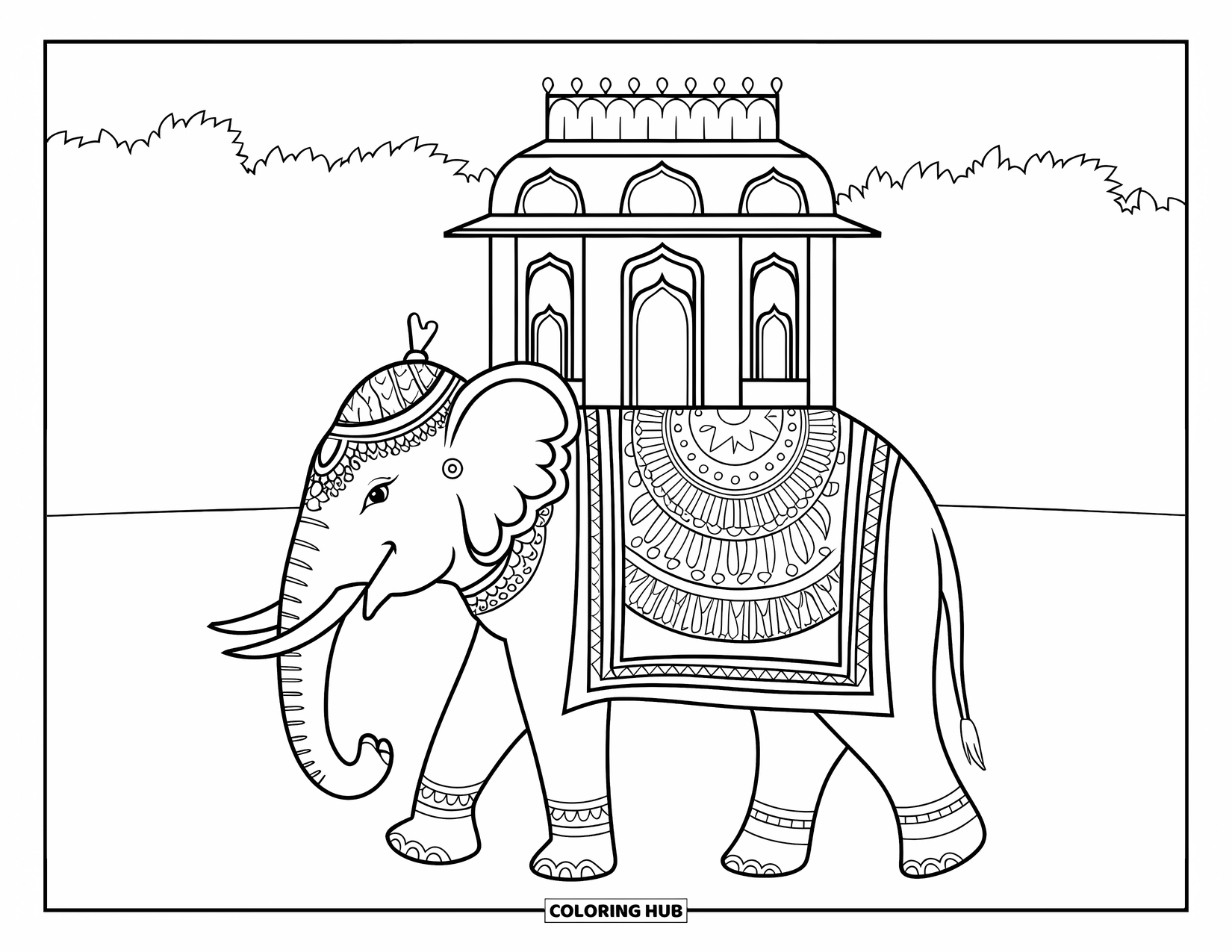 Diwali Coloring Page for Adults: A patterned elephant bears a small palace through a lush field